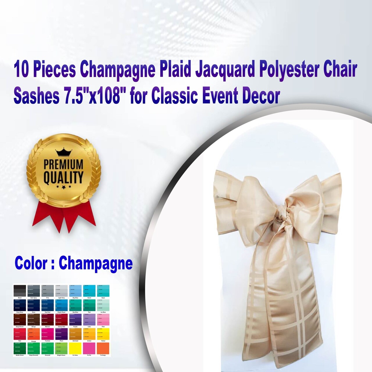 10 Pieces Champagne Plaid Jacquard Polyester Chair Sashes 7.5"x108" for Classic Event Decor